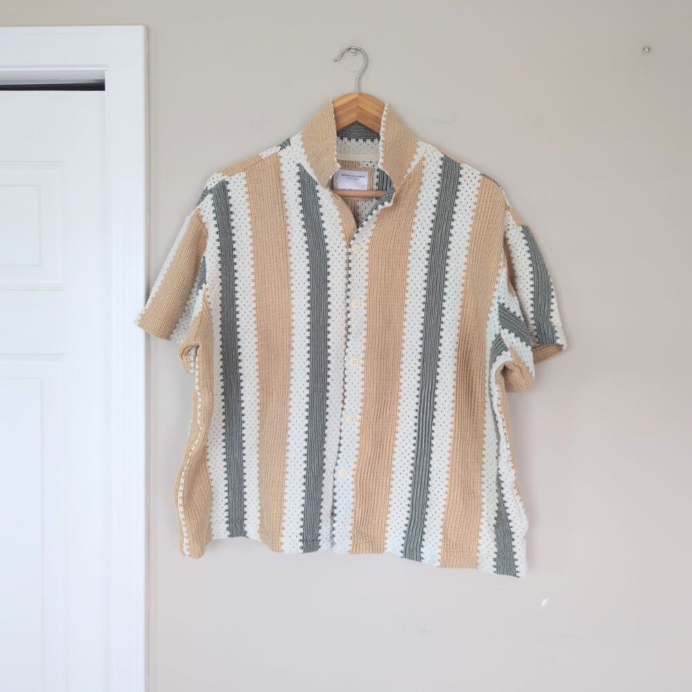 Denim & Flower Men's Open Knit Striped Button Up Shirt Large Boxy Indie Boho